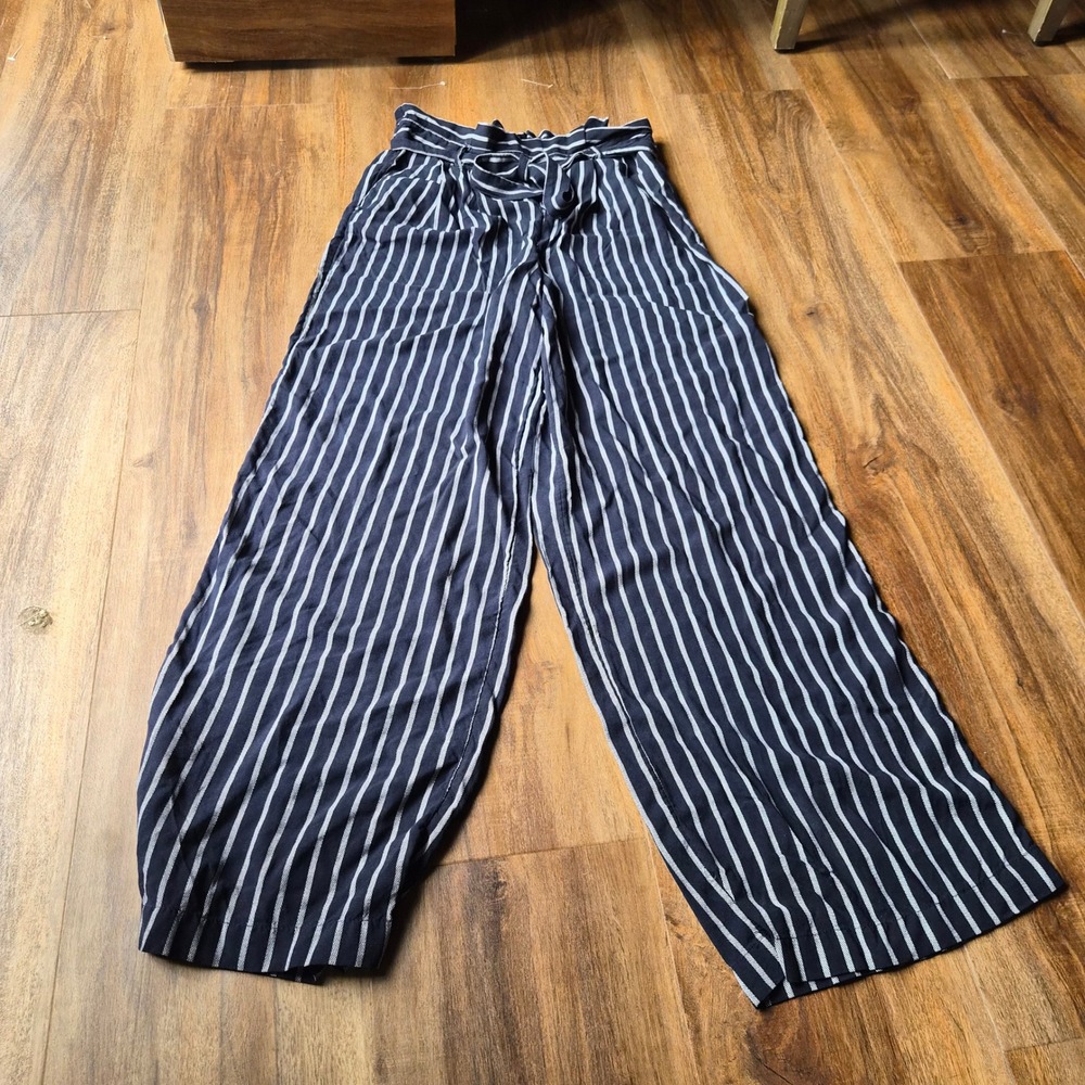 Pimkie Navy Striped Wide Leg Paperbag Waist‎ Pant Viscose Small French Girl Boho